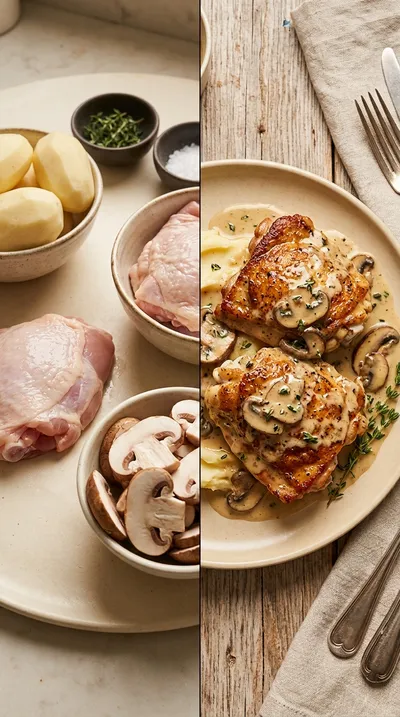 Creamy Chicken Thighs with Mushroom Thyme Sauce - ready to serve