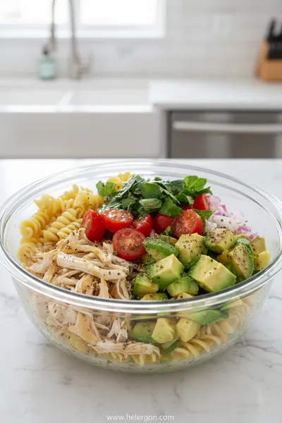 Healthy Chicken Pasta Salad with Avocado, Tomato & Basil
