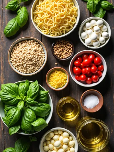 Pesto Pasta Salad with Tomatoes & Mozzarella - ingredients preparation